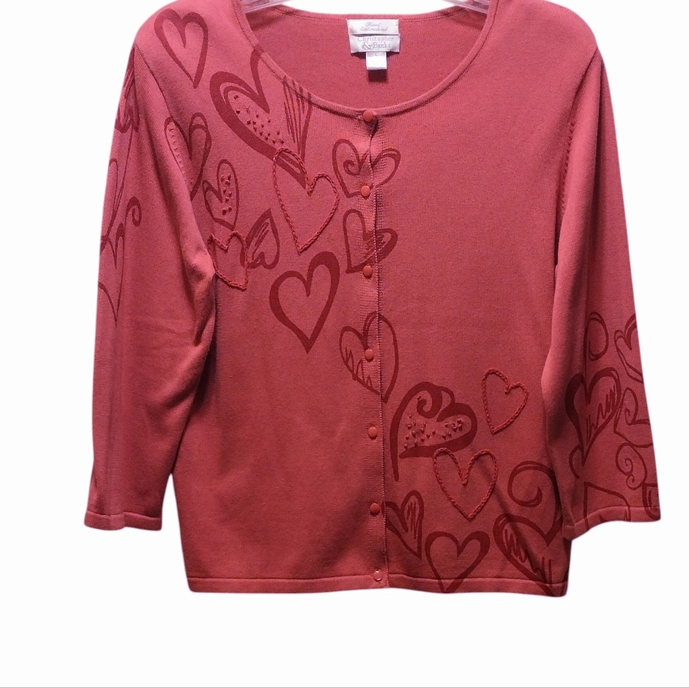 Christopher & Banks Cardigan Sweater Hand Embroidered Heart Pattern Pink L